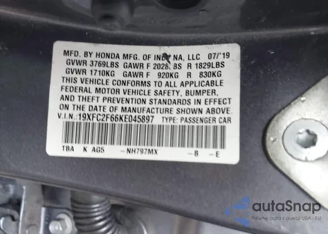 2019 Honda Civic Lx from USA, damaged, VIN 19XFC2F66KE045897